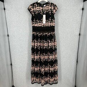 NWT - JessaKae "Stella" Lace Maxi Dress Sz M Black/Pink Floral